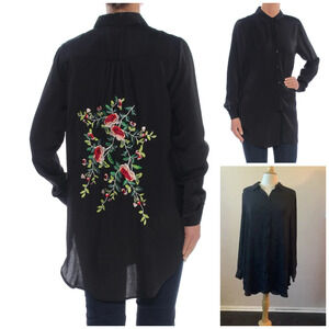 Y2k OLIVIA & GRACE XL Shirt Dress Black Sheer Embroidered Floral Tunic Button Up